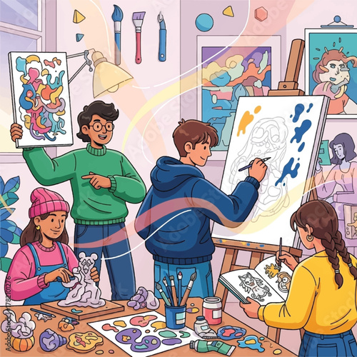 Young artists collaborating and creating together in a vibrant art studio classroom.