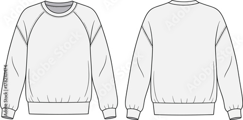 Crewneck sweatshirt fashion flat sketch, long sleeve pullover technical drawing, unisex apparel template, rib cuff hem design, clothing vector illustration