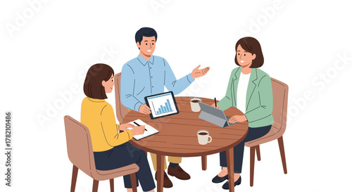 Professional team collaboration meeting with colleagues discussing strategy and analyzing data