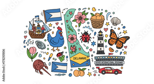 Delaware doodle elements, a vibrant collection of hand-drawn symbols representing the state's rich heritage and diverse nature, including historical ships, iconic landmarks like lighthouses and