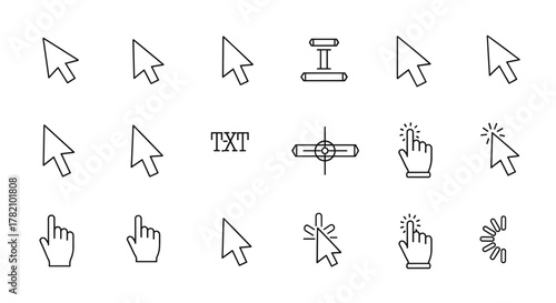 Collection of simple cursor icons with editable stroke, perfect for infographics, articles, books, flyers, and banners. This vector cartoon illustration features various cursor types including