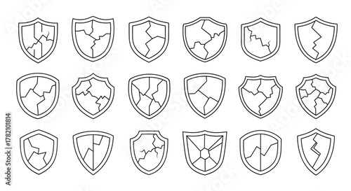 Set of 18 cracked shield icons in a simple, thin line, vector cartoon illustration style on a white background, representing broken protection, vulnerability, and damage. These graphic elements are