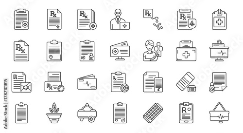 A comprehensive collection of thin line icons representing medical prescriptions, doctor's consultations, and healthcare services, perfect for web, apps, and print design. Editable stroke for