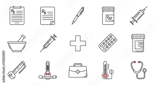 A comprehensive collection of medical and healthcare-related thin line icons, featuring a doctor's prescription, mortar and pestle, syringes, pills, thermometers, a stethoscope, and a first aid kit