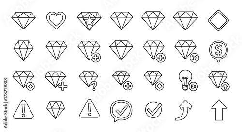Collection of outline diamond signs and symbols, including a heart, star, dollar sign, lightbulb with EX, checkmarks, warning signs, and arrows, perfect for infographics, articles, books, flyers, and