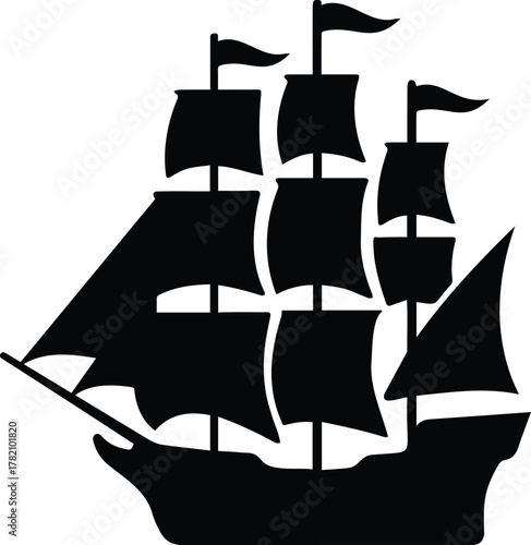 A majestic sailing ship, , with its sails billowing in the wind, glides gracefully across the water, embodying adventure and exploration