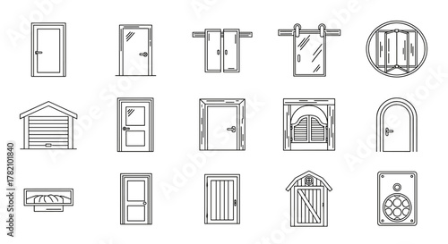 Collection of simple, isolated line icons representing various types of doors, including modern, traditional, sliding, and garage doors, suitable for web, print, and app design, presented with an
