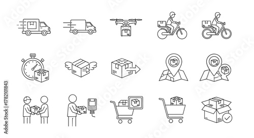 Fast delivery outline icons set, representing various shipping methods and logistics processes, including trucks, drones, bicycles, stopwatch, package tracking, and customer interactions, ideal for