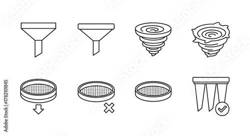 Set of thin line icons representing filtration and separation processes, including funnels, vortex symbols, sieves with checkmarks and crosses, and a filter element, suitable for graphic design, web