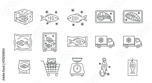 Collection of minimalistic thin line icons representing frozen fish and seafood products, including fish in ice, packaged fish, frozen fish steaks, refrigerated trucks, shopping cart, weighing scale