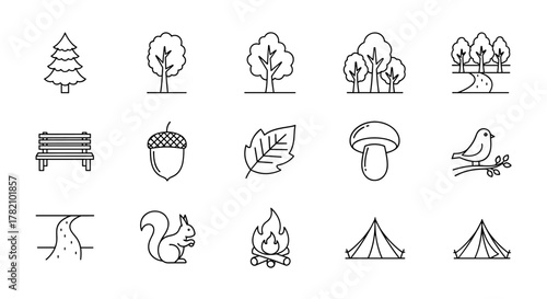 A charming collection of simple, isolated line icons representing forest and park elements, perfect for web, books, cards, and apps. Includes editable stroke graphics of trees, a bench, acorn, leaf