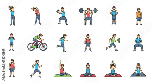 Set of isolated vector cartoon illustrations depicting people exercising and engaging in various fitness activities, including running, cycling, weightlifting, stretching, and yoga, presented on a