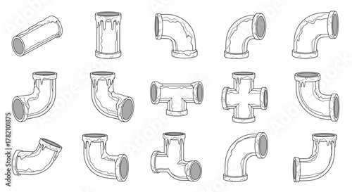 Collection of stylized, cartoon-like frozen pipe elements in outline style, featuring straight pipes, elbows, tees, and crosses, perfect for graphic design, web applications, advertisements, and