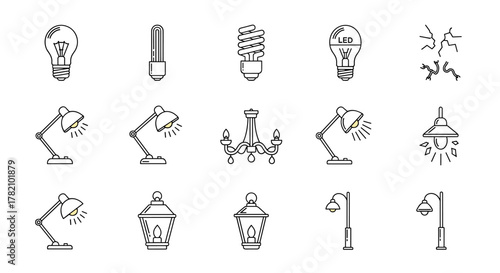 A comprehensive collection of thin line icons representing various lighting fixtures, including traditional incandescent bulbs, energy-efficient LED and CFL bulbs, desk lamps, elegant chandeliers