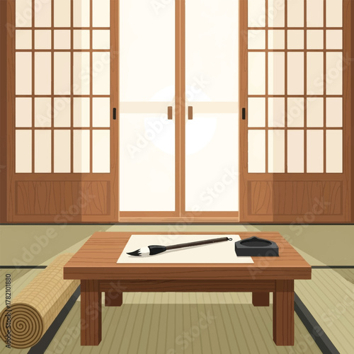 A traditional Japanese room with shoji screens, a low wooden table, calligraphy brush, ink stone, and a rolled mat.