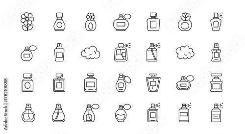 A collection of line illustrations depicting various perfume bottles and related elements, presented on a clean white background. This set includes diverse bottle shapes, spray mechanisms, and