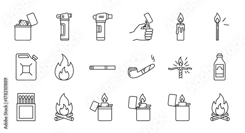 Collection of line icons representing fire and ignition sources, including lighters, torches, matches, candles, and fuel containers, suitable for graphic and web design, apps, and advertisements