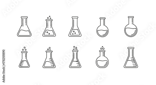 Collection of minimalistic line icons representing various laboratory flasks, including Erlenmeyer and round-bottom flasks, some with bubbling liquids, perfect for science, education, and