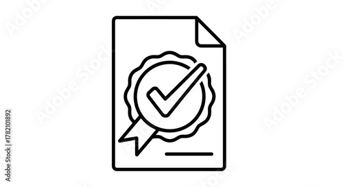 Line icon of a certified document with an approval seal and checkmark, representing quality guarantee, verified contract, and successful validation process. This symbol signifies approval