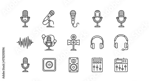 Collection of outline microphone icons, including vintage and modern designs, alongside audio wave, headphones, speaker, and audio mixer symbols, perfect for graphic and web design, apps, and