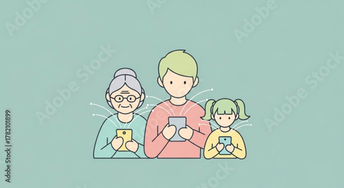 Grandmother, father, and daughter using their smartphones, connecting to the internet and social media, communication concept