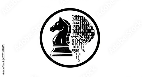Chess knight piece with binary code, representing artificial intelligence and strategic thinking