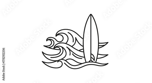 Surfboard and wave illustration simple line art of surfboard and wave summer sport and recreation concept