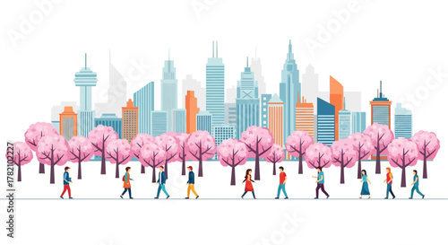 Cityscape with blooming cherry blossoms and people walking along a street in spring