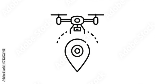 Drone with location pin, representing aerial mapping, delivery, or surveillance modern technology and navigation