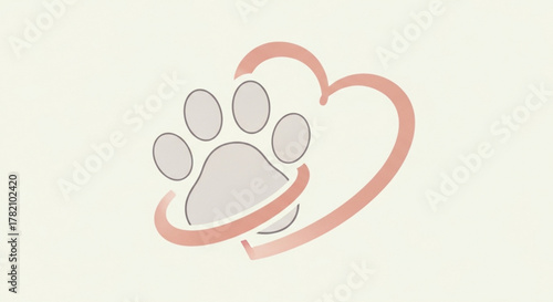 Pet care concept, paw print with heart shape, modern line art design with pink and beige colors