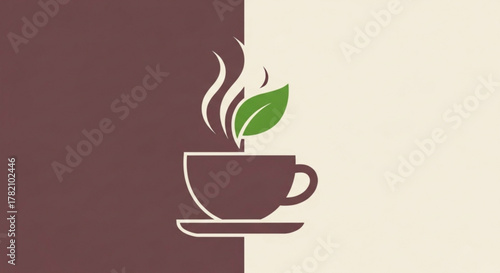 Herbal tea concept, cup of tea with green leaf, modern line art design with brown and beige colors