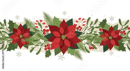 Festive Poinsettia and Winter Foliage Border Design