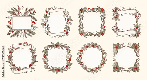 Set of Festive Christmas Wreath Frames with Berries and Foliage