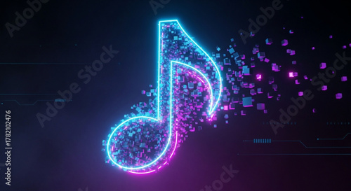 Vibrant neon music note with a glowing outline and a dark background, creating a modern and energetic feel for music related content