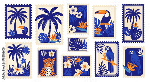 Tropical Stamps Collection Vibrant Jungle Wildlife & Botanical Illustrations