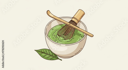 Matcha tea preparation, showcasing the traditional whisk, bowl, and leaf in a serene and inviting composition