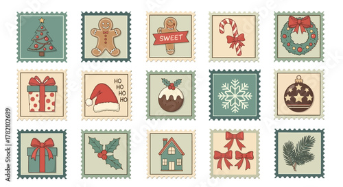 Festive Fun Adorable Set of Vintage Christmas Postage Stamps for Your Holiday Projects