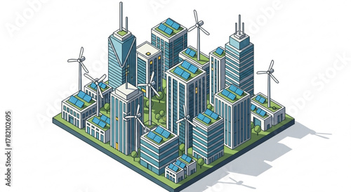 Isometric city with skyscrapers, wind turbines, and solar panels representing sustainable urban development