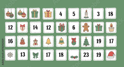 Festive Advent Calendar with Holiday Icons on Green Background for Christmas Countdown