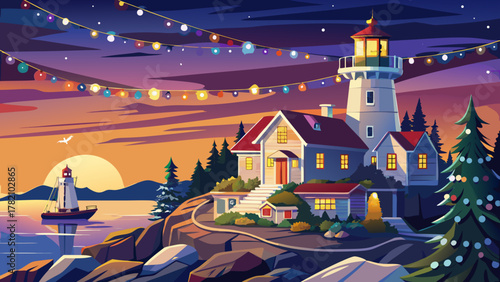 Very beautiful view of Nubble Light in York, Maine, decorated for the Christmas season with festive string lights outlining the lighthouse, set against a serene coastal backdrop with warm evening glow