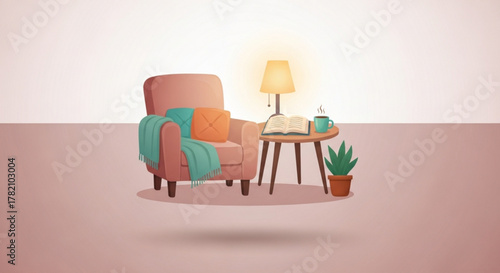 A cozy armchair with a blanket, pillow, table, lamp, book, and plant, creating a relaxing and inviting atmosphere for reading and rest