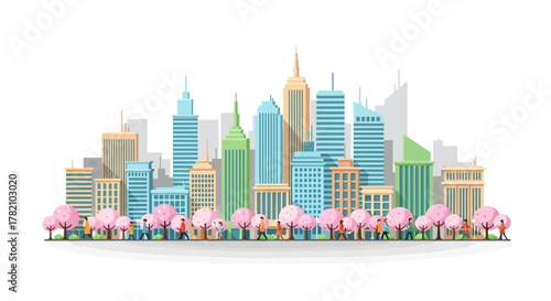 Vibrant Urban Cityscape Illustration with Modern Skyscrapers and a Bustling Park Adorned with Beautiful Spring Cherry Blossoms