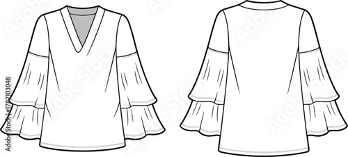 Women blouse flat sketch front and back, tiered bell sleeves fashion template, v-neck clothing technical drawing, garment design outline vector