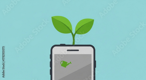 Green sprout growing from smartphone concept of mobile app for gardening, farming, agriculture isolated on blue background