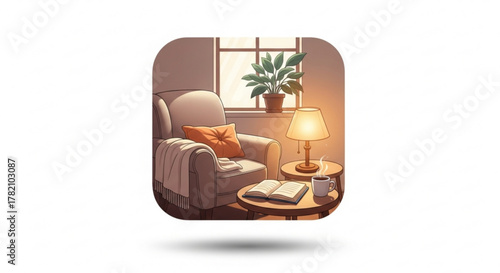 A cozy armchair with a blanket, pillow, table, lamp, book, and plant, creating a relaxing and inviting atmosphere