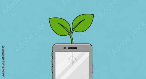 A seedling grows from a smartphone, symbolizing the growth and development of technology and its connection to nature and sustainability