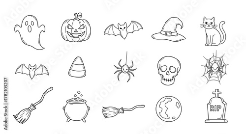 A charming hand-drawn doodle collection of classic Halloween elements, meticulously arranged as a line icon set on a clean white background, featuring a ghost, pumpkin, bat, witch hat, black cat