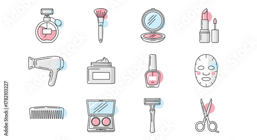 A vibrant and clean line icon set showcasing essential beauty and personal care items, including perfume, makeup brush, compact powder, lipstick, hair dryer, cream jar, nail polish, face mask, comb