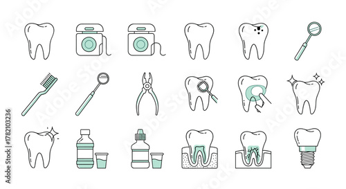A comprehensive collection of dental care line icons, featuring healthy teeth, dental floss, toothbrushes, mouthwash, dental tools, and representations of caries, cleaning, and implants, perfect for