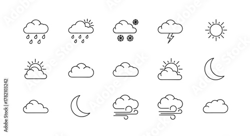 A comprehensive collection of minimalistic line icons representing various weather forecast conditions, including rain, snow, thunderstorms, sunny days, cloudy skies, windy weather, and moon phases